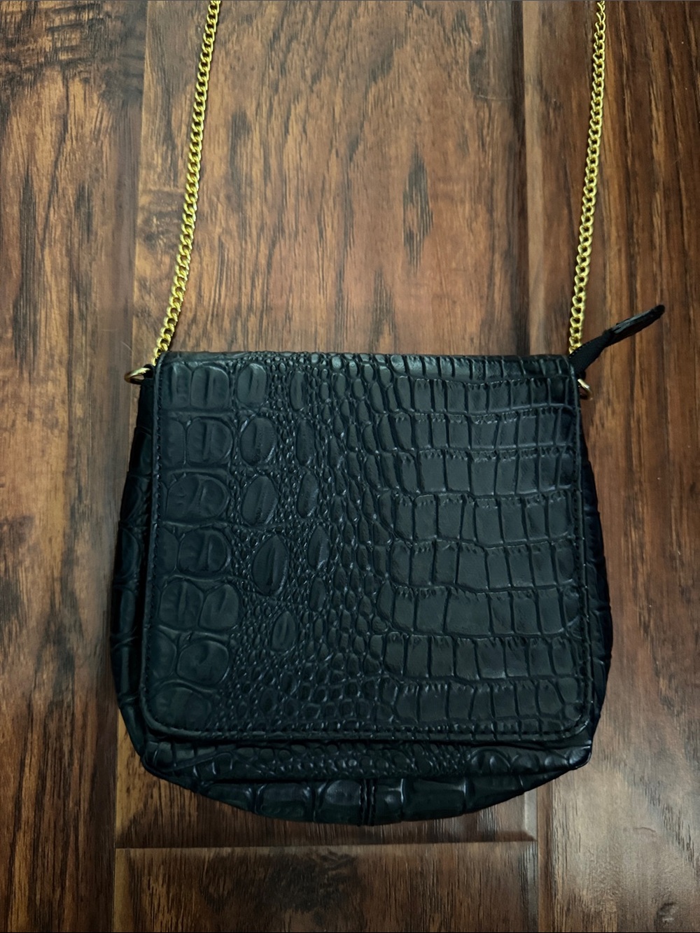 Barneys New York Black Leather Croc-Embossed Crossbody Bag with Gold Chain